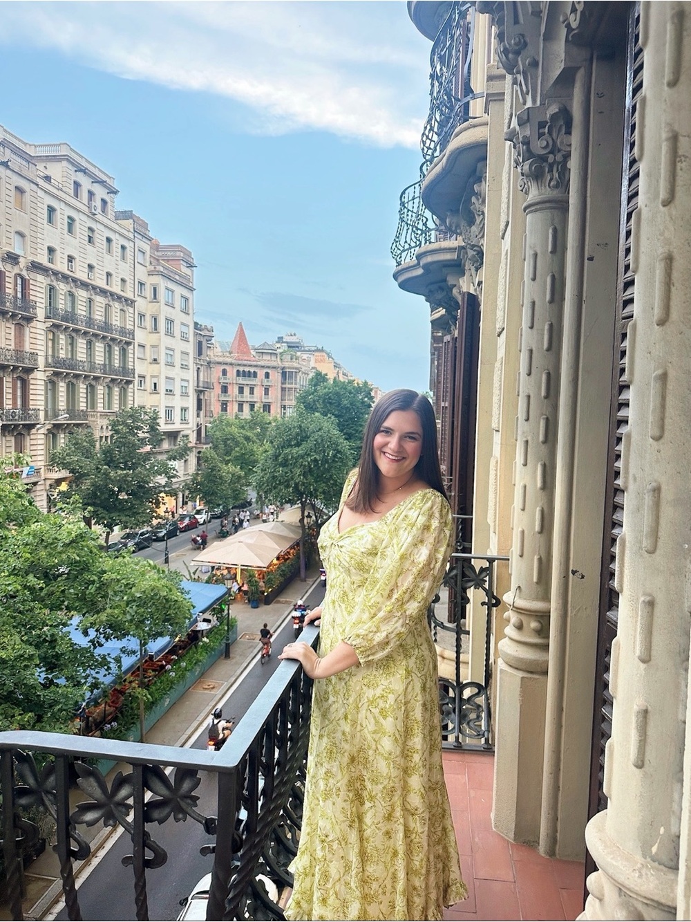 Hutch Green, Yellow, and Cream Floral Twist Front Puff Sleeve Dress